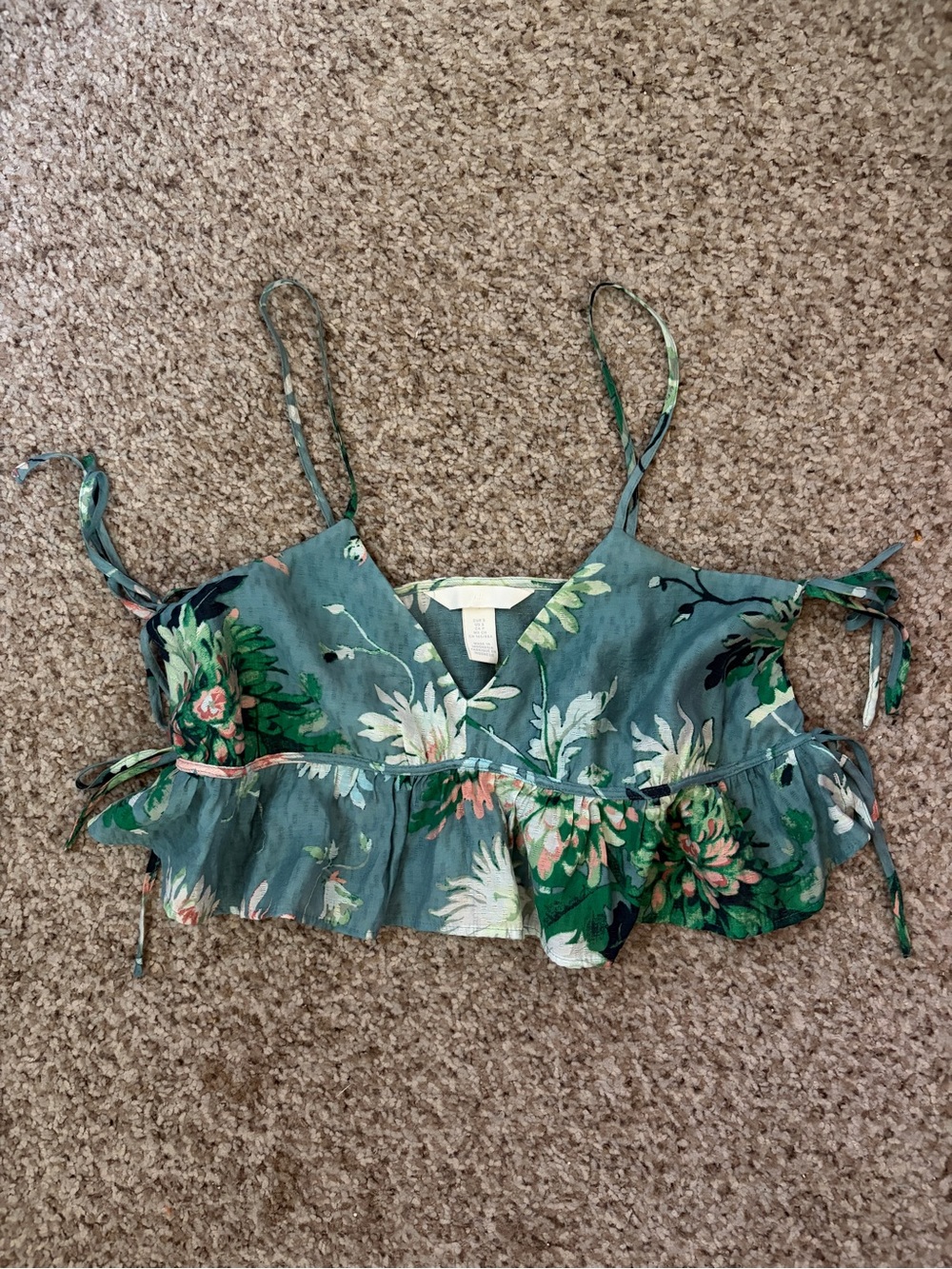 H&M Teal Floral Ruffle Crop Top with Spaghetti Straps